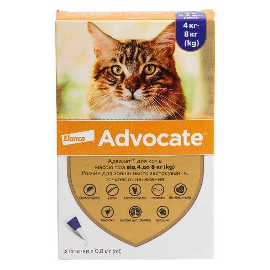 Advocate (Адвокат) by Elanco Animal - Противопаразитарные капли для котов и хорьков от блох, вшей, клещей, гельминтов (1 пипетка); 4-8 кг: цены и характеристики