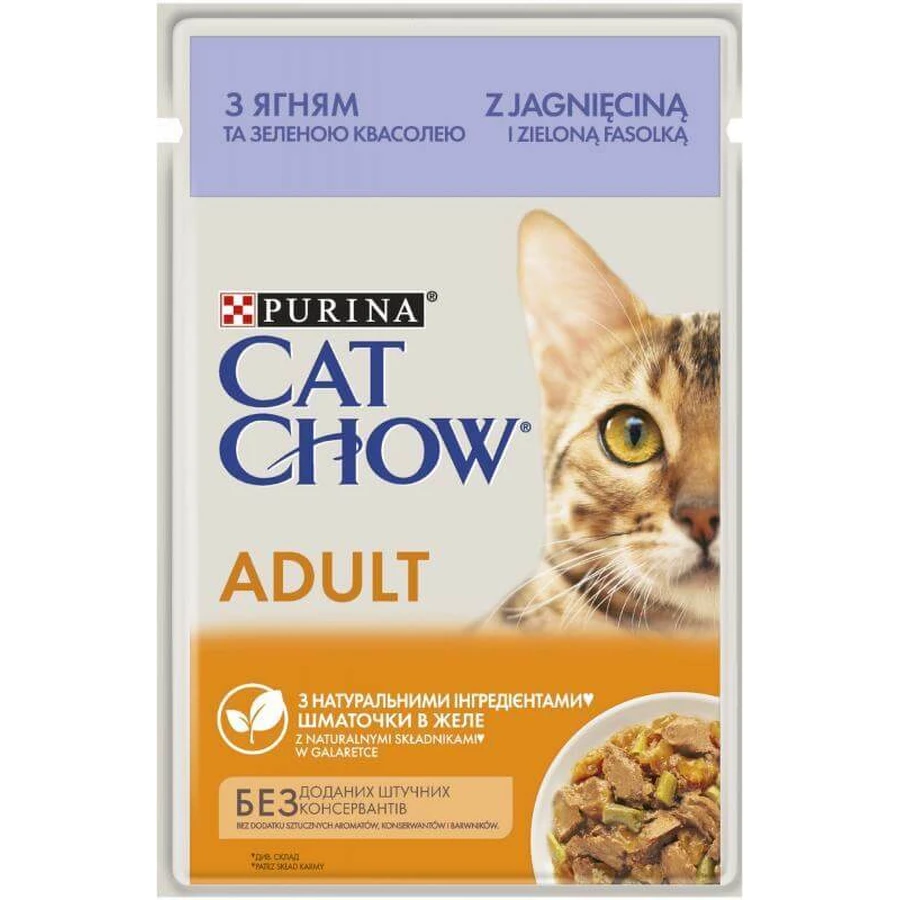 Cat Chow (Кэт Чау) Adult Cat – Влажный корм с ягненком и зеленой фасолью для взрослых котов (кусочки в желе); 85 г: цены и характеристики