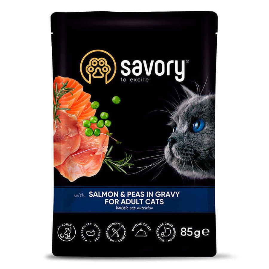 Подарунок Savory (Сейворі) Salmon&Peas in Gravy for Adult Cats - Вологий корм лосось з горохом в соусі для дорослих котів; 85 г: ціни та характеристики