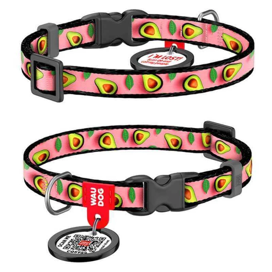 Collar (Коллар) WAUDOG Nylon - Нашийник для котів та собак дрібних порід з малюнком «Авокадо на рожевому», QR паспортом і пластиковою пряжкою-фастекс, нейлоновий; 1х20-30 см: ціни та характеристики