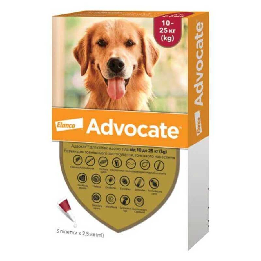Advocate (Адвокат) by Elanco Animal - Противопаразитарные капли для собак от блох, вшей, клещей, гельминтов (1 пипетка); 10-25 кг Sale3!: цены и характеристики