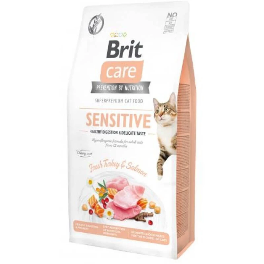 Brit Care Cat Grain-Free Sensitive - Сухий беззерновий корм з індичкою та лососем для дорослих котів з чутливим травленням; 7 кг: ціни та характеристики