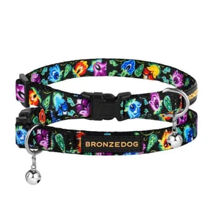 Bronzedog (Бронздог) Cat Urban Folk Flowers Black - Нашийник із пластиковою пряжкою та дзвіночком для котів; 1,0х18-28 см (Чорний)