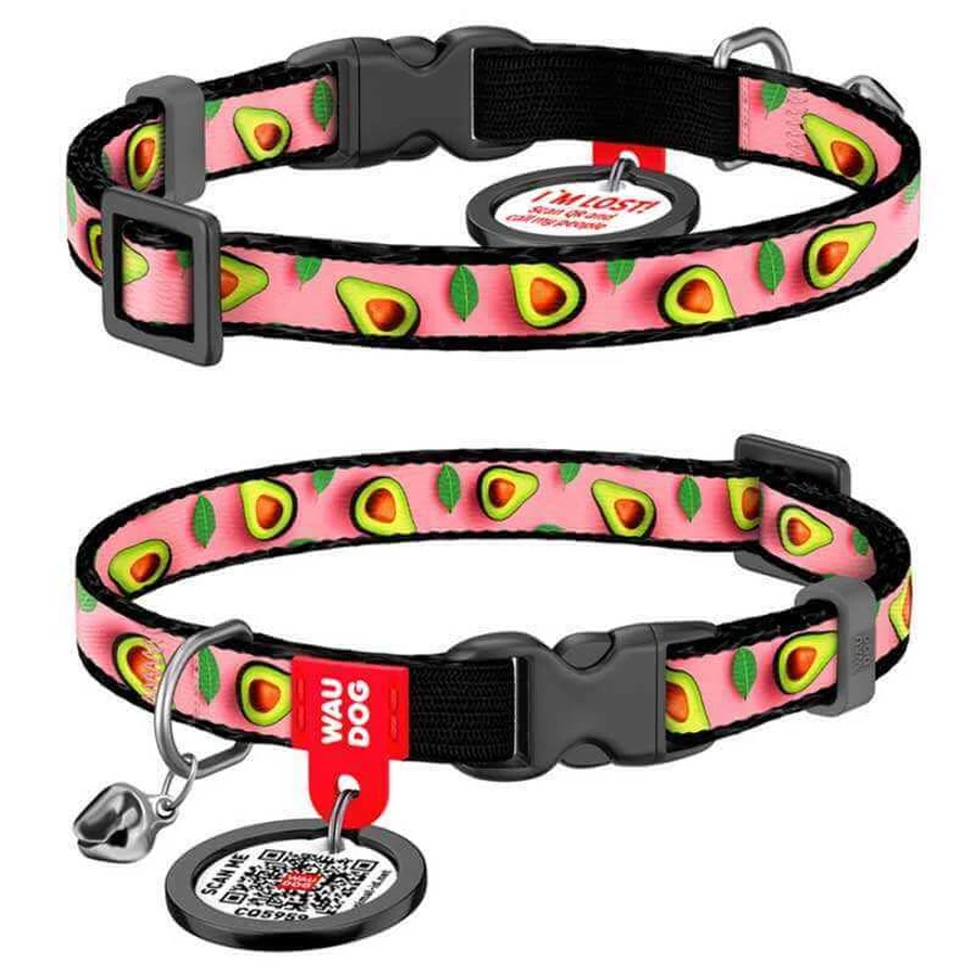 Collar (Коллар) WAUDOG Nylon - Нашийник для котів з малюнком «Авокадо на рожевому», QR паспортом, дзвіночком і пластиковою пряжкою-фастекс, нейлоновий; 1х20-30 см: ціни та характеристики