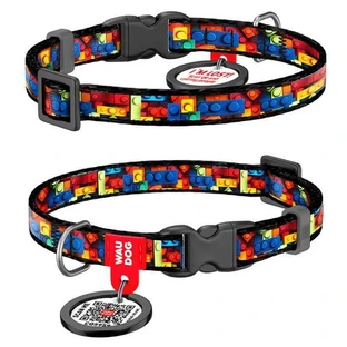 Collar (Коллар) WAUDOG Nylon - Ошейник для котов и собак мелких пород с рисунком "Блоки", QR паспортом и пластиковой пряжкой-фастекс, нейлоновый; 1х20-30 см