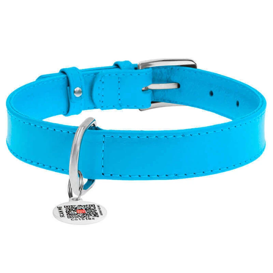 Collar WAUDOG Glamour - Нашийник шкіряний з QR паспортом без прикрас для собак; М (2х30-39 см) (Блакитний): ціни та характеристики