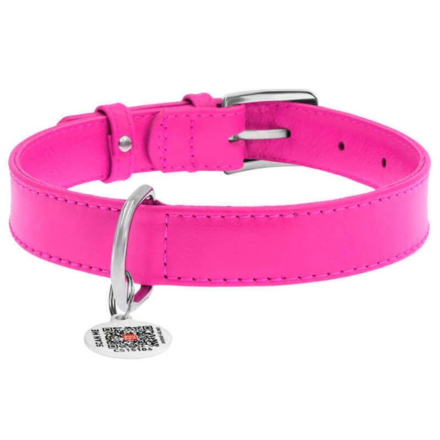 Collar WAUDOG Glamour - Ошейник кожаный с QR паспортом без украшений для собак; М (2х30-39 см) (Ярко-розовый): цены и характеристики