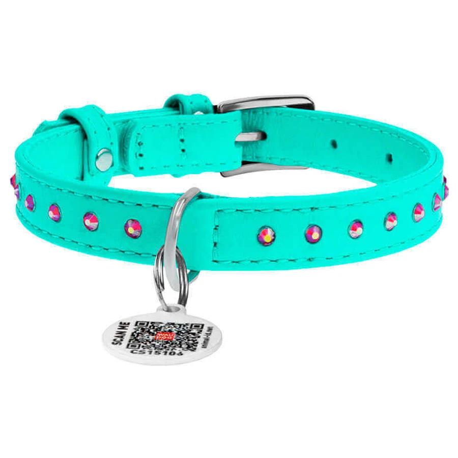 Collar WAUDOG Glamour - Ошейник кожаный с клеевыми стразами и QR паспортом для собак; XS (1,2х21-29 см) (Бирюзовый): цены и характеристики