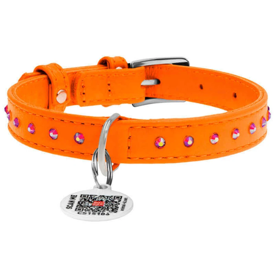 Collar WAUDOG Glamour - Ошейник кожаный с клеевыми стразами и QR паспортом для собак; XS (1,2х21-29 см) (Оранжевый): цены и характеристики