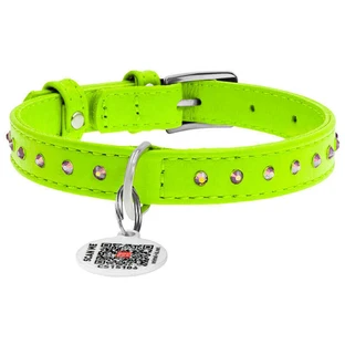 Collar WAUDOG Glamour - Ошейник кожаный с клеевыми стразами и QR паспортом для собак; XS (1,2х21-29 см) (Салатовый)