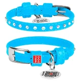 Collar WAUDOG Glamour - Нашийник шкіряний з клейовими стразами і QR паспортом для собак; XXS2 (0,9х19-25 см) (Блакитний)
