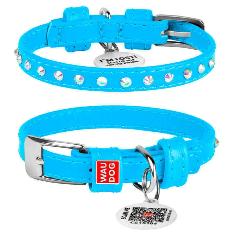 Collar WAUDOG Glamour - Ошейник кожаный с клеевыми стразами и QR паспортом для собак; XXS2 (0,9х19-25 см) (Голубой): цены и характеристики