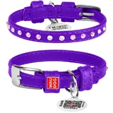 Collar WAUDOG Glamour - Нашийник шкіряний з клейовими стразами і QR паспортом для собак; XXS2 (0,9х19-25 см) (Бузковий)