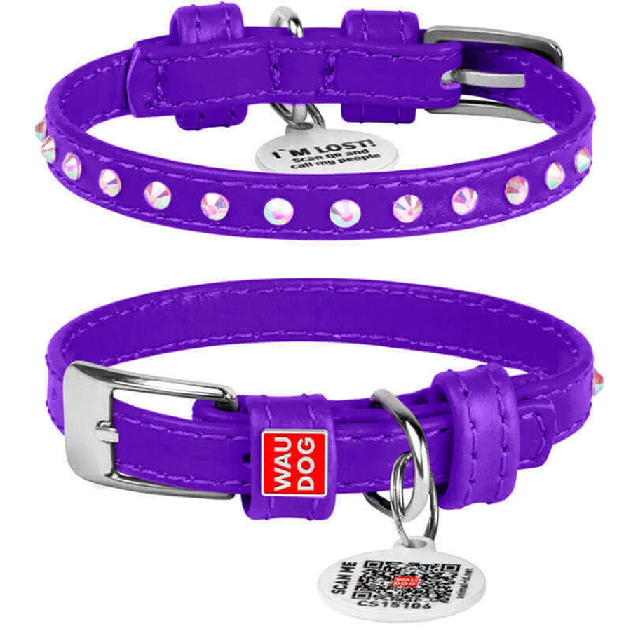 Collar WAUDOG Glamour - Нашийник шкіряний з клейовими стразами і QR паспортом для собак; XXS2 (0,9х19-25 см) (Бузковий): ціни та характеристики