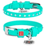 Collar WAUDOG Glamour - Нашийник шкіряний з клейовими стразами і QR паспортом для собак; XXS2 (0,9х19-25 см) (Бірюзовий)