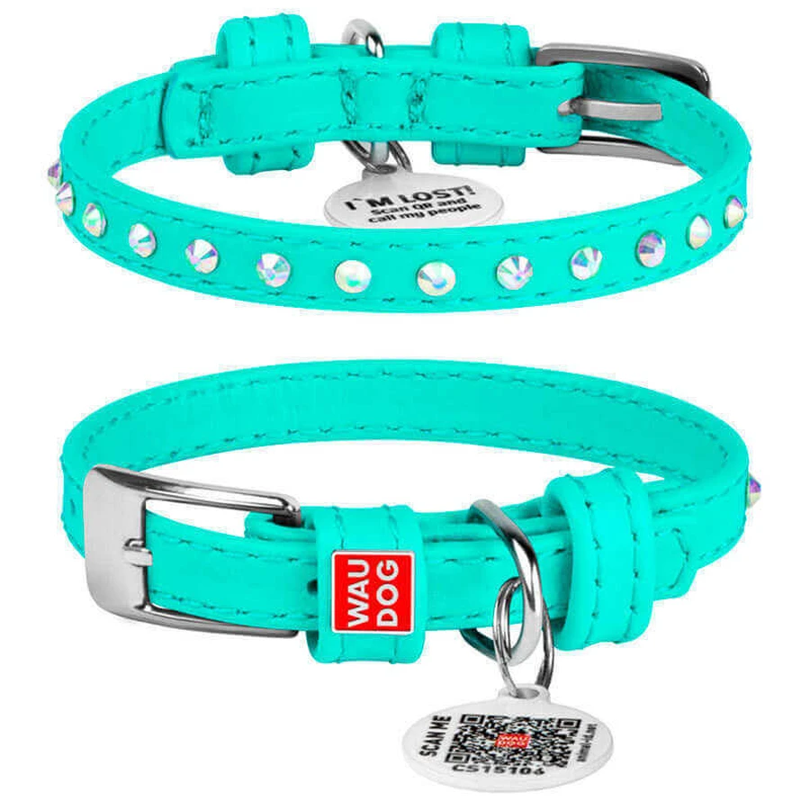 Collar WAUDOG Glamour - Нашийник шкіряний з клейовими стразами і QR паспортом для собак; XXS2 (0,9х19-25 см) (Бірюзовий): ціни та характеристики