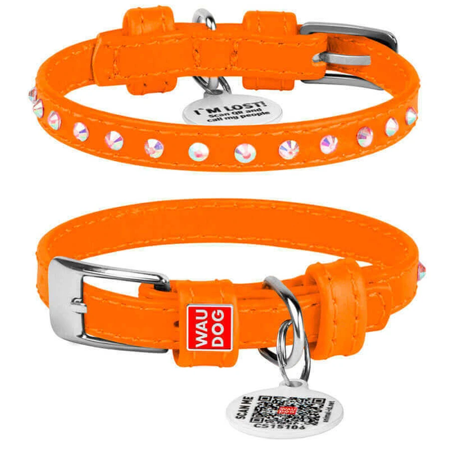 Collar WAUDOG Glamour - Ошейник кожаный с клеевыми стразами и QR паспортом для собак; XXS2 (0,9х19-25 см) (Оранжевый): цены и характеристики