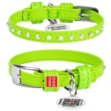 Collar WAUDOG Glamour - Ошейник кожаный с клеевыми стразами и QR паспортом для собак; XXS2 (0,9х19-25 см) (Салатовый)