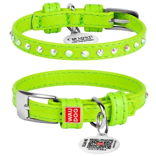 Collar WAUDOG Glamour - Нашийник шкіряний з клейовими стразами і QR паспортом для собак; XXS2 (0,9х19-25 см) (Салатовий)