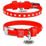 Collar WAUDOG Glamour - Нашийник шкіряний з клейовими стразами і QR паспортом для собак; XXS2 (0,9х19-25 см) (Червоний)