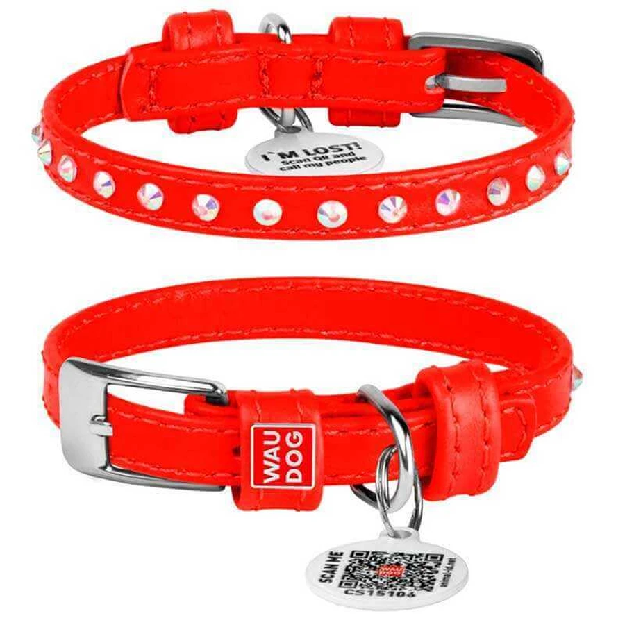 Collar WAUDOG Glamour - Ошейник кожаный с клеевыми стразами и QR паспортом для собак; XXS2 (0,9х19-25 см) (Красный): цены и характеристики