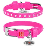 Collar WAUDOG Glamour - Нашийник шкіряний з клейовими стразами і QR паспортом для собак; XXS2 (0,9х19-25 см) (Яскраво-рожевий)