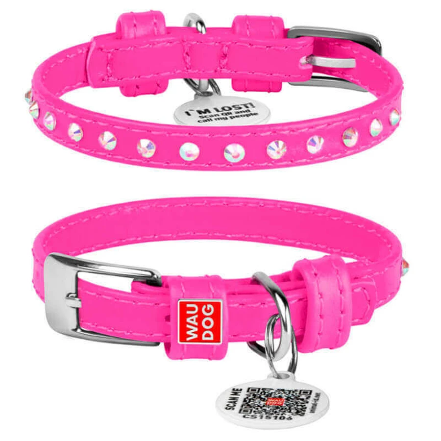 Collar WAUDOG Glamour - Нашийник шкіряний з клейовими стразами і QR паспортом для собак; XXS2 (0,9х19-25 см) (Яскраво-рожевий): ціни та характеристики