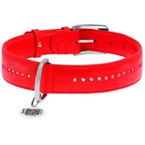 Collar WAUDOG Glamour - Ошейник кожаный двойной со стразами и QR паспортом для собак; L (0,25х38-49 см) (Красный)