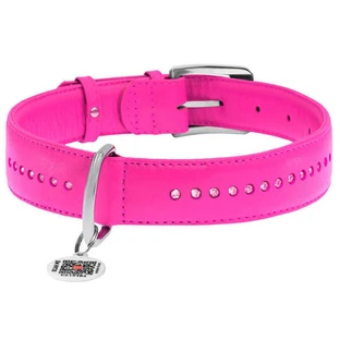 Collar WAUDOG Glamour - Ошейник кожаный двойной со стразами и QR паспортом для собак; L (0,25х38-49 см) (Ярко-розовый)