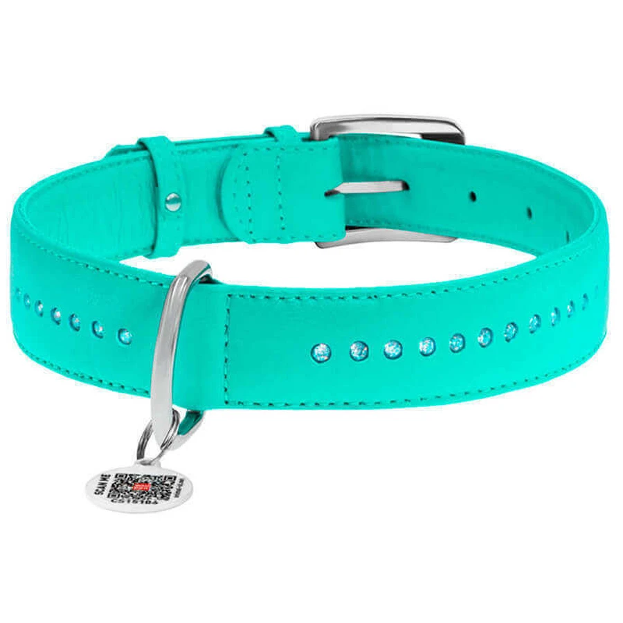 Collar WAUDOG Glamour - Нашийник шкіряний подвійний зі стразами і QR паспортом для собак; S (1,5х27-36 см) (Бірюзовий): ціни та характеристики