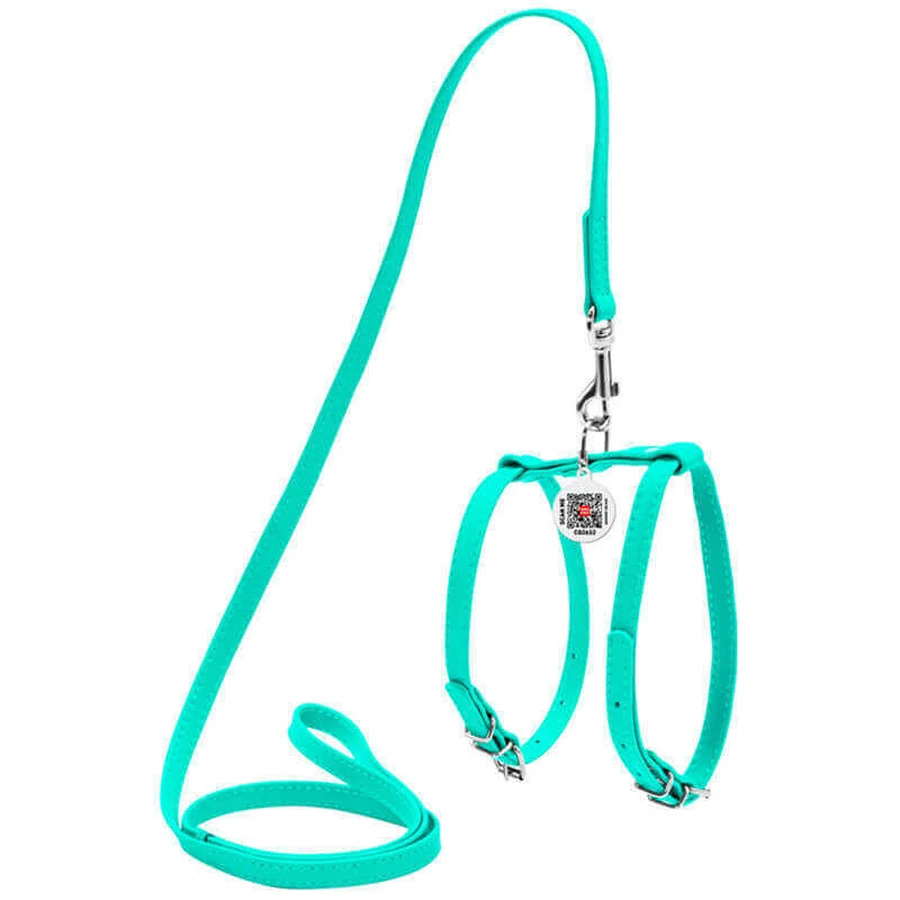 Collar WAUDOG Glamour - Шлея кожаная с QR паспортом и поводком для собак; XXS/0,9х20-30х30-40 см (Бирюзовый): цены и характеристики