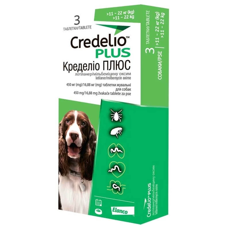Credelio Plus by Elanco - Протипаразитарні жувальні таблетки Кределіо Плюс від бліх, кліщів та гельмінтів для собак; 11-22 кг (1 таб.) Sale!: ціни та характеристики