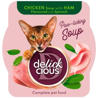 Delickcious Chicken Soup with Ham Flavoured with Spinach - Повнораціонний вологий корм Суп із курки з шинкою та шпинатом для дорослих котів; 80 г