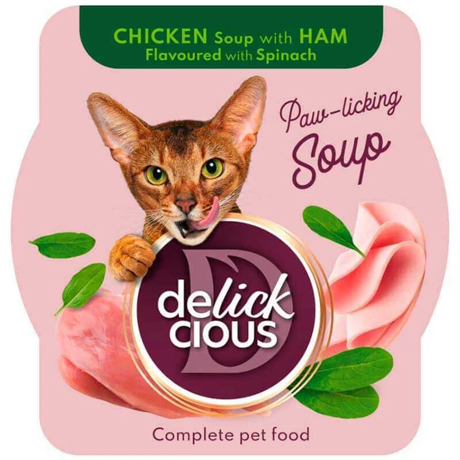 Delickcious Chicken Soup with Ham Flavoured with Spinach - Повнораціонний вологий корм Суп із курки з шинкою та шпинатом для дорослих котів; 80 г: ціни та характеристики