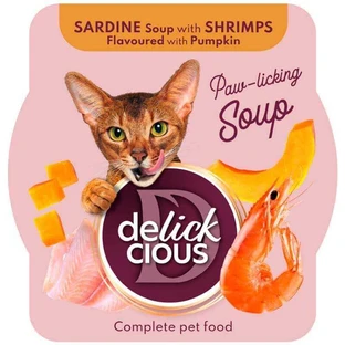 Delickcious Sardine Soup with Shrimps Flavoured with Pumpkin - Полнорационный влажный корм Суп из сардины с креветками и тыквой для взрослых котов; 80 г