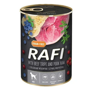 Dolina Noteci RAFI Dog with Beef Tripe and Pork Ham - Консервований корм з яловичими шлунками, шинкою, лохиною та журавлиною для дорослих собак (паштет); 400 г