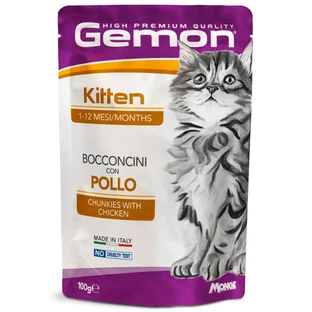 Gemon Cat Kitten Chunkies with Сhicken - Влажный корм с курицей для котят от 2 до 12 месяцев (кусочки в желе); 100 г