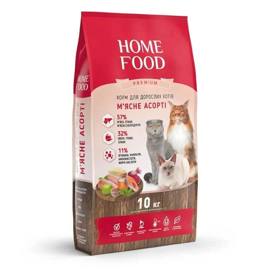 Home Food (Хоум Фуд) Повнораціонний сухий корм М'ясне Асорті для дорослих котів всіх порід; 10 кг: ціни та характеристики