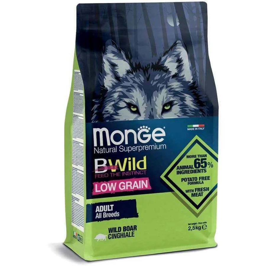 Monge BWild Low Grain Wild Boar Adult All Breeds - Низкозерновой сухой корм с мясом дикого кабана для взрослых собак всех пород; 2,5 кг: цены и характеристики