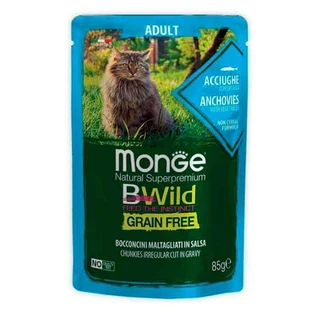 Monge BWild Grain Free Wet Anchovies Adult Cat - Влажный беззерновой корм из анчоусов с овощами для взрослых кошек (кусочки в соусе); 85 г