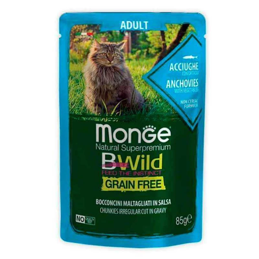 Monge BWild Grain Free Wet Anchovies Adult Cat - Влажный беззерновой корм из анчоусов с овощами для взрослых кошек (кусочки в соусе); 85 г: цены и характеристики