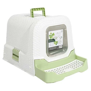 M-Pets Eco Rattan Litter Box – Закритий котячий еко-туалет з вугільним фільтром і висувним лотком; 69х42х41 см (Зелено-білий)