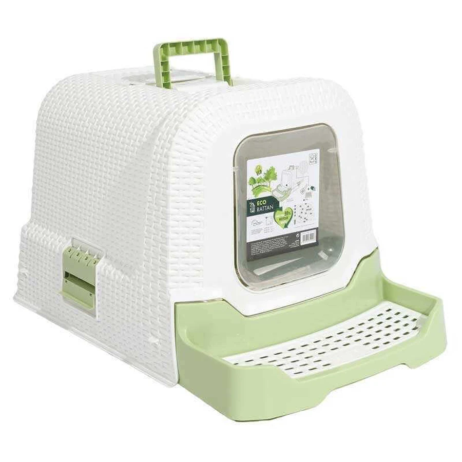 M-Pets Eco Rattan Litter Box – Закритий котячий еко-туалет з вугільним фільтром і висувним лотком; 69х42х41 см (Зелено-білий): ціни та характеристики