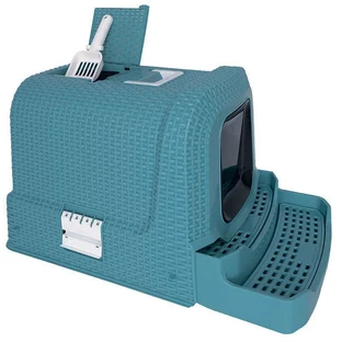 M-Pets (М-Петс) Suez Rattan Litter Box – Закрытый однотонный кошачий туалет со ступеньками и аксессуарами в комплекте; 69х41х42 см (Изумруд)