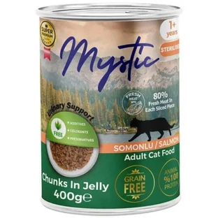 Mystic Jelly - Консервированный корм кусочки лосося в желе для стерилизованных котов; 400 г