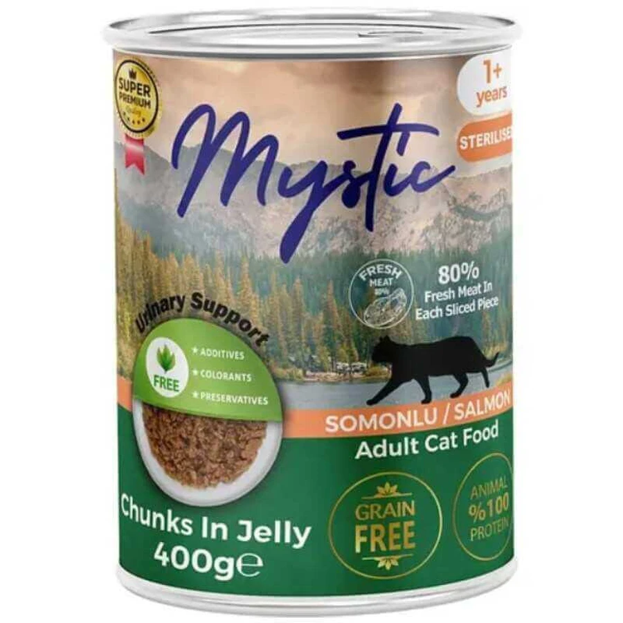 Mystic Jelly - Консервированный корм кусочки лосося в желе для стерилизованных котов; 400 г: цены и характеристики