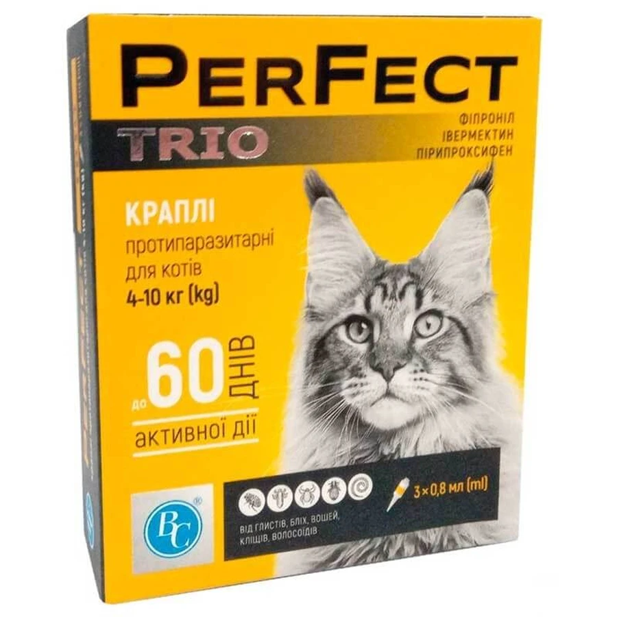 PerFect (ПьорФект) TRIO - Протипаразитарні краплі на холку проти бліх, кліщів та гельмінтів для котів (1 піпетка); 4-10 кг / 0,8 мл: ціни та характеристики