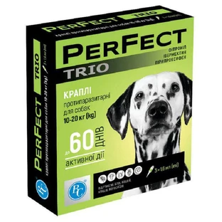 PerFect (ПьорФект) TRIO - Протипаразитарні краплі на холку проти бліх, кліщів та гельмінтів для собак (1 піпетка); 10-20 кг / 1,6 мл