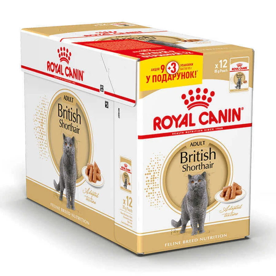 Royal Canin British Shorthair Adult - Консервований корм для дорослих котів породи Британська короткошерста (шматочки в підливі); 9+3х85 г: ціни та характеристики