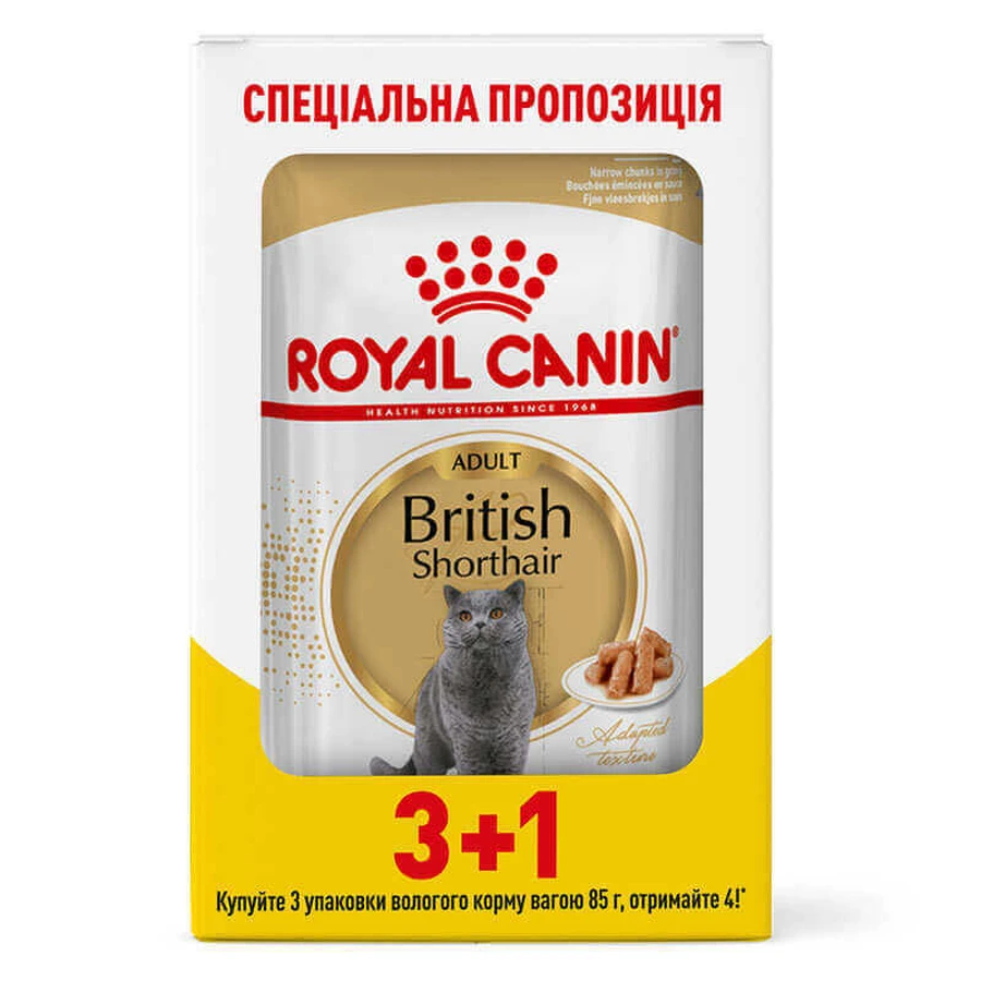 Royal Canin British Shorthair Adult - Консервований корм для дорослих котів породи Британська короткошерста (шматочки в підливі); 3+1 шт.: ціни та характеристики